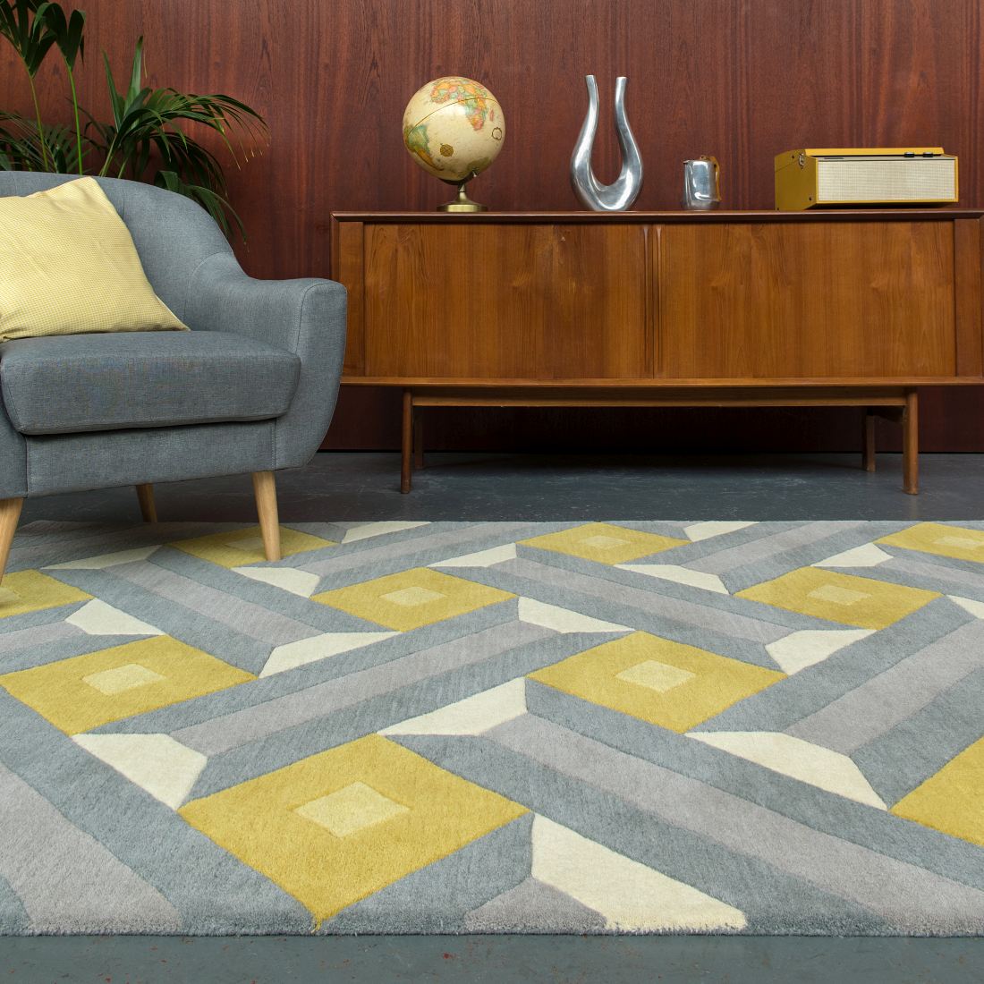 Reef Geometric Wool Rug - Motif Ochre Grey RF01