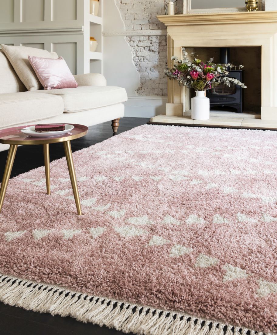 Rocco Geometric Fringed Shaggy Rug - Pink RC01 Rocco Geometric Fringed Shaggy Rug - Pink RC01