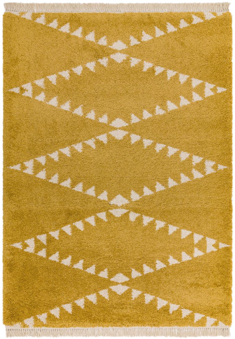 Rocco Geometric Fringed Shaggy Rug - Mustard RC05