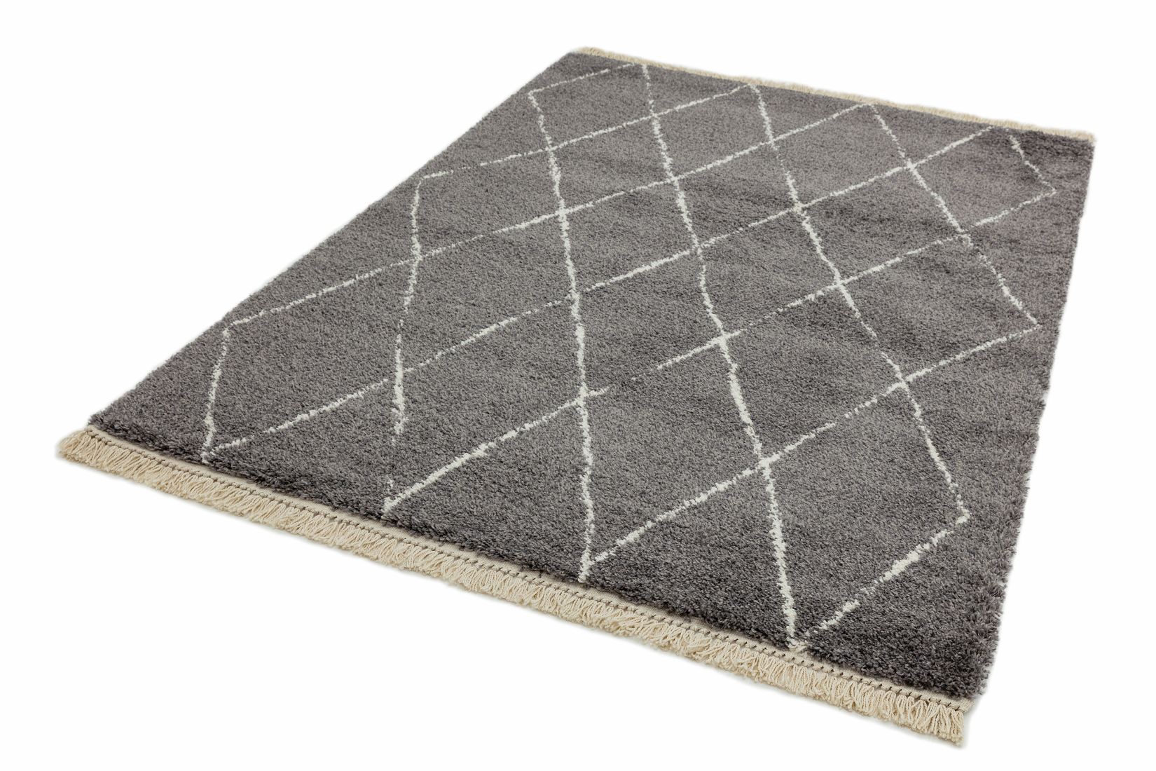 Rocco Geometric Fringed Shaggy Rug - Grey Diamond RC07 Rocco Geometric Fringed Shaggy Rug - Grey Diamond RC07