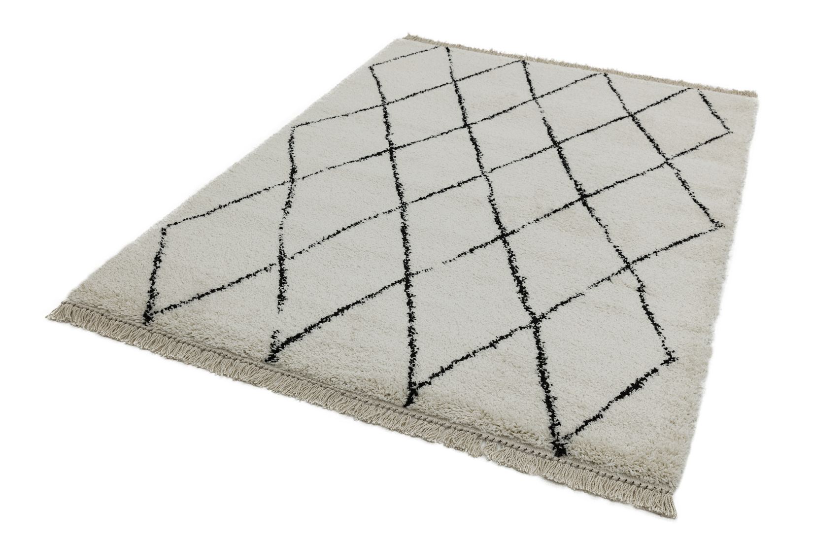 Rocco Geometric Fringed Shaggy Rug - Cream Diamond RC08