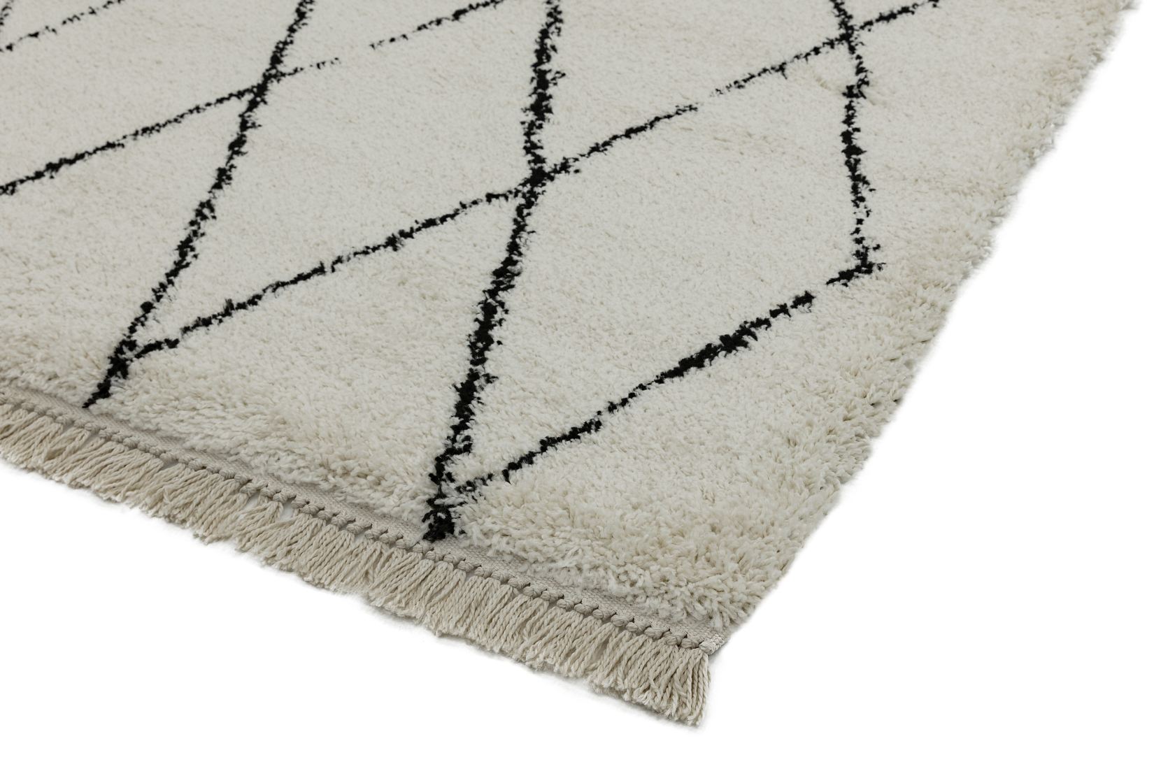 Rocco Geometric Fringed Shaggy Rug - Cream Diamond RC08