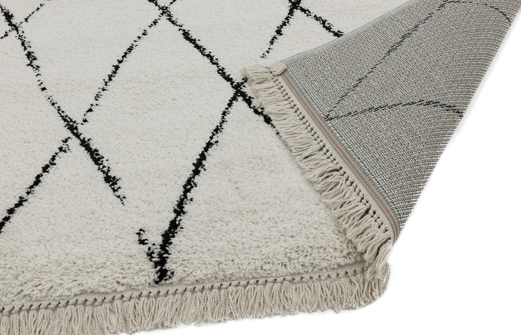 Rocco Geometric Fringed Shaggy Rug - Cream Diamond RC08