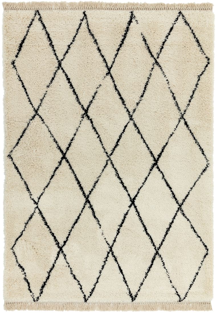 Rocco Geometric Fringed Shaggy Rug - Cream Diamond RC08 Rocco Geometric Fringed Shaggy Rug - Cream Diamond RC08