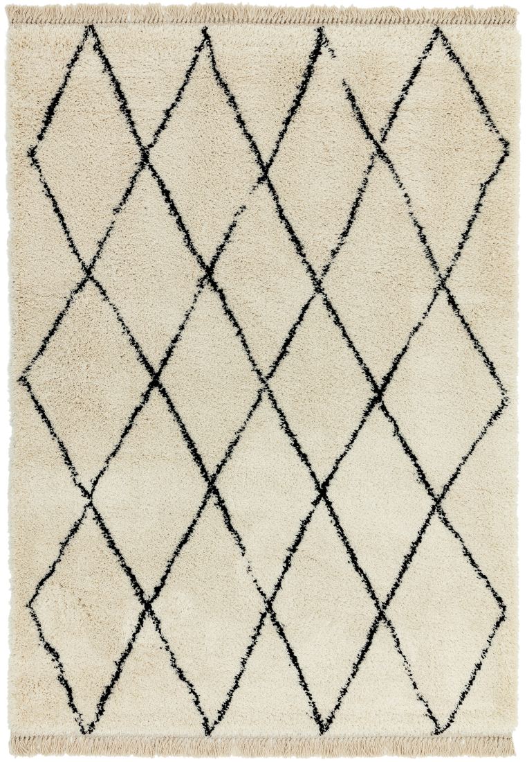 Rocco Geometric Fringed Shaggy Rug - Cream Diamond RC08