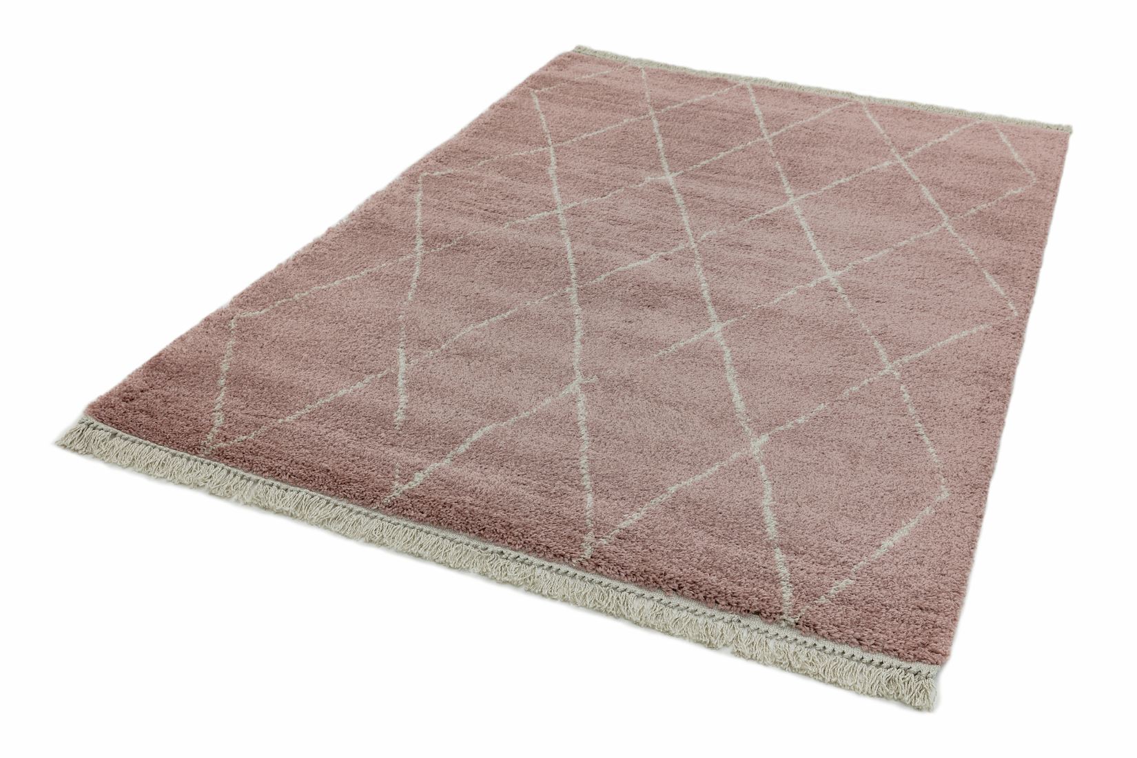 Rocco Geometric Fringed Shaggy Rug - Pink Diamond RC09