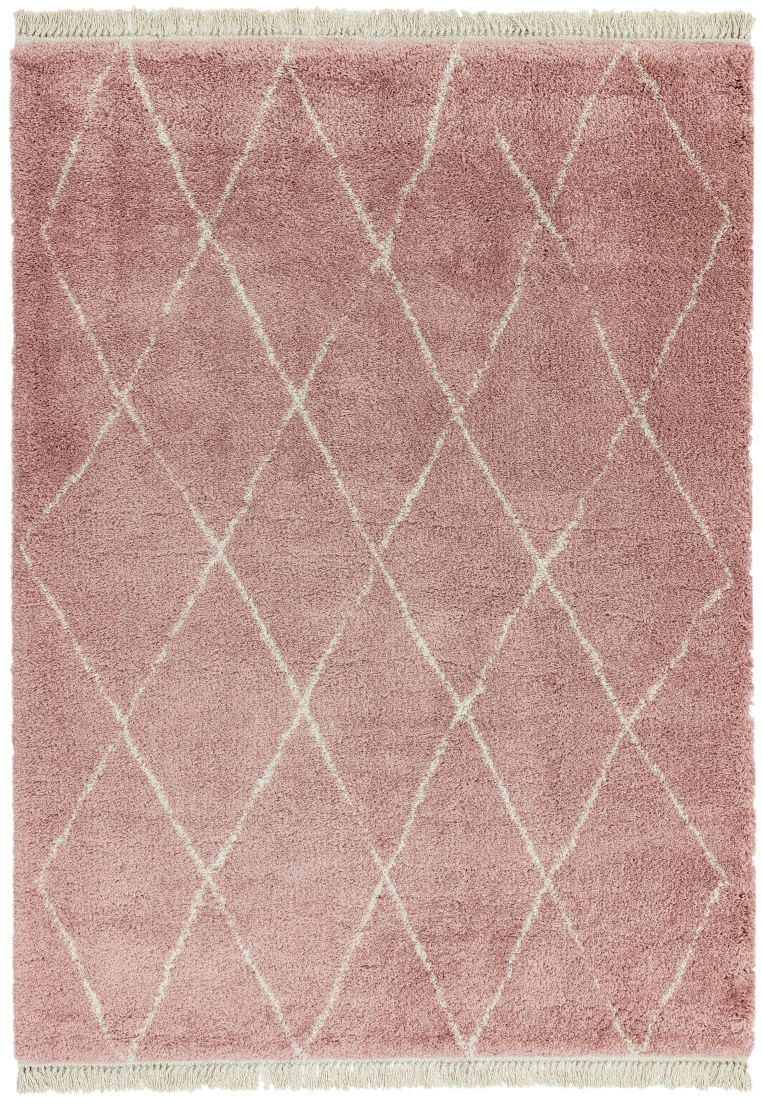 Rocco Geometric Fringed Shaggy Rug - Pink Diamond RC09