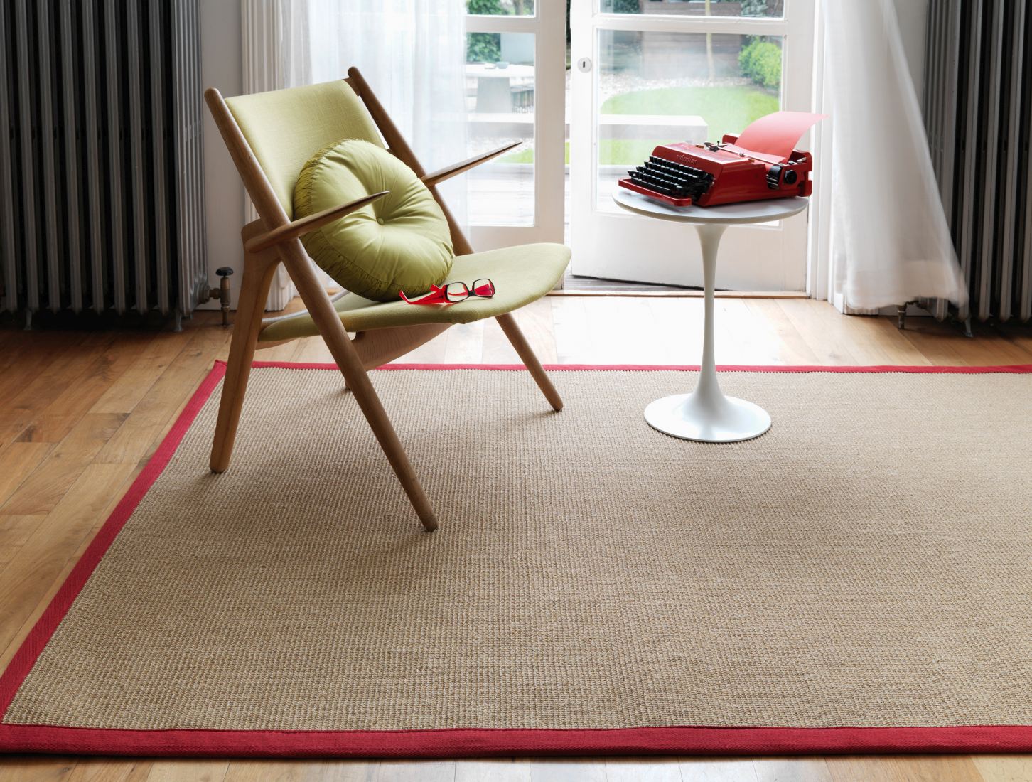 Sisal Anti Slip Hardwearing Rug - Linen/Red