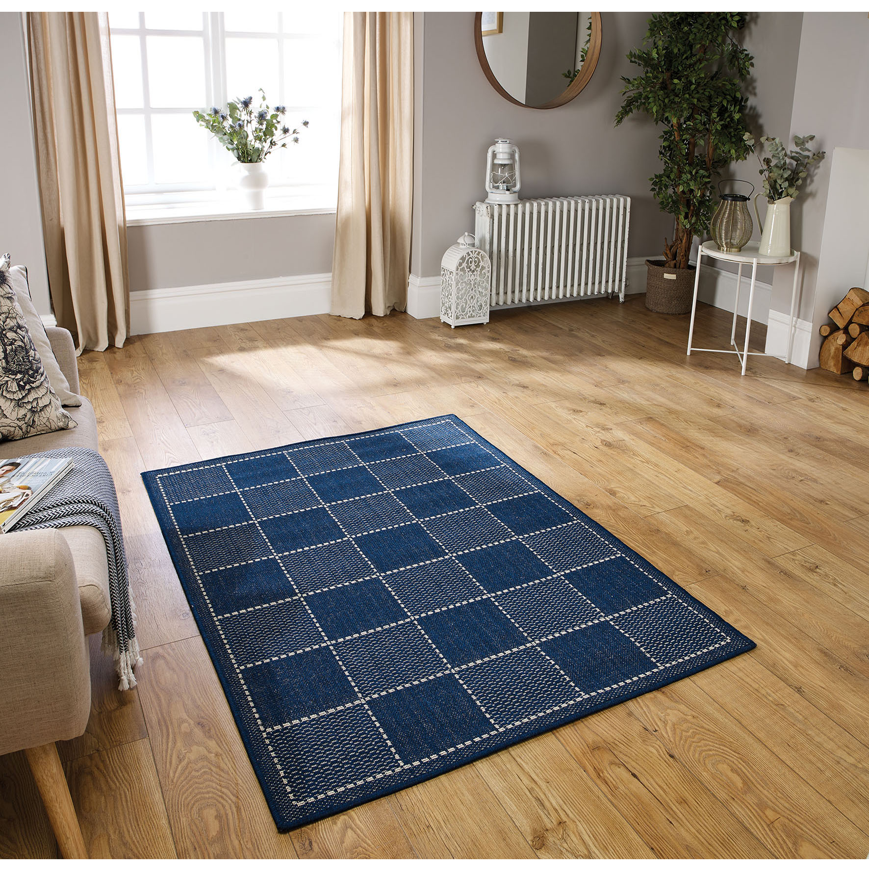 Anti Slip Checked Flatweave Rug - Blue