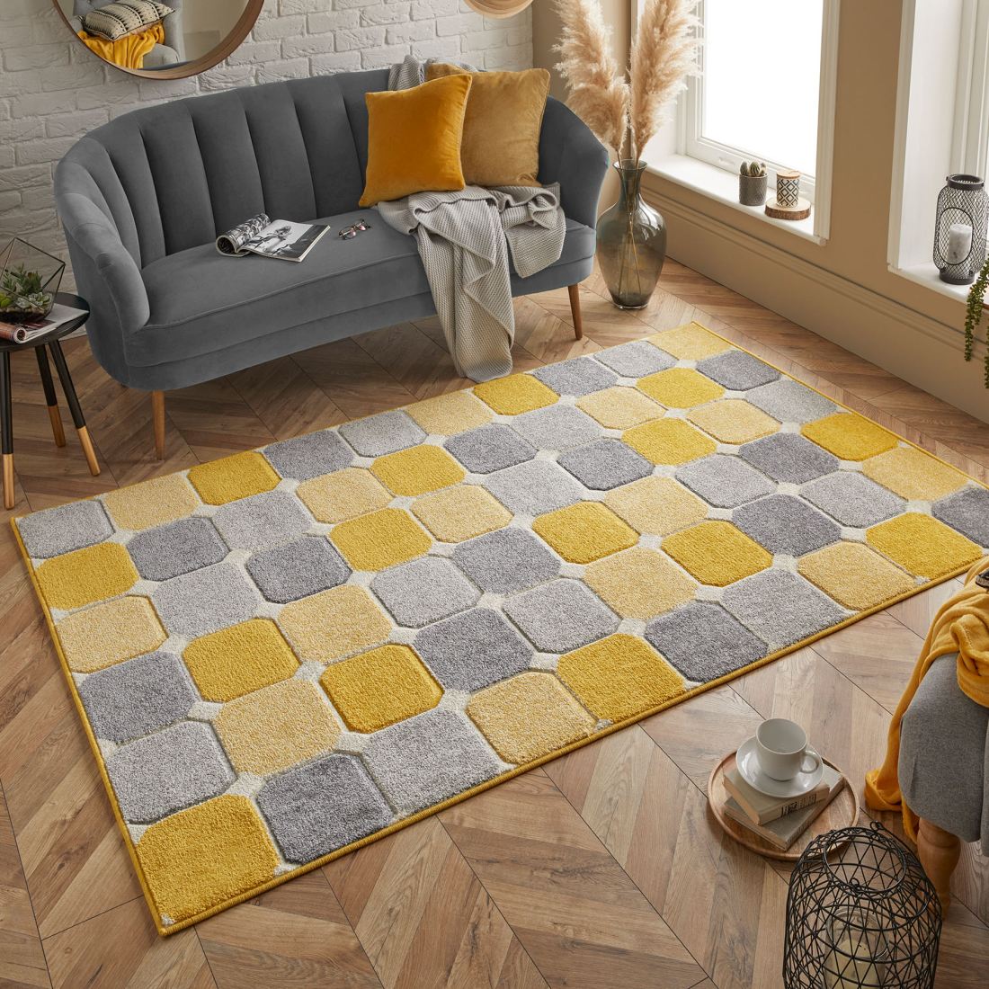 Portland Geometric Rug - 172j Grey Yellow Cream