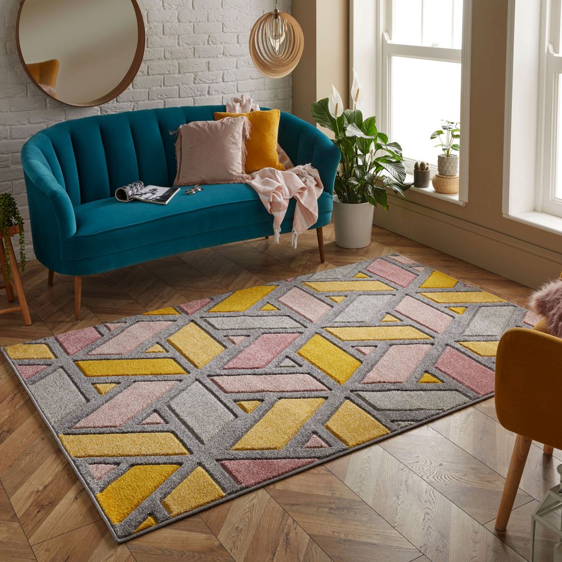 Portland Geometric Rug - 5153U Grey Pink Yellow Portland Geometric Rug - 5153U Grey Pink Yellow