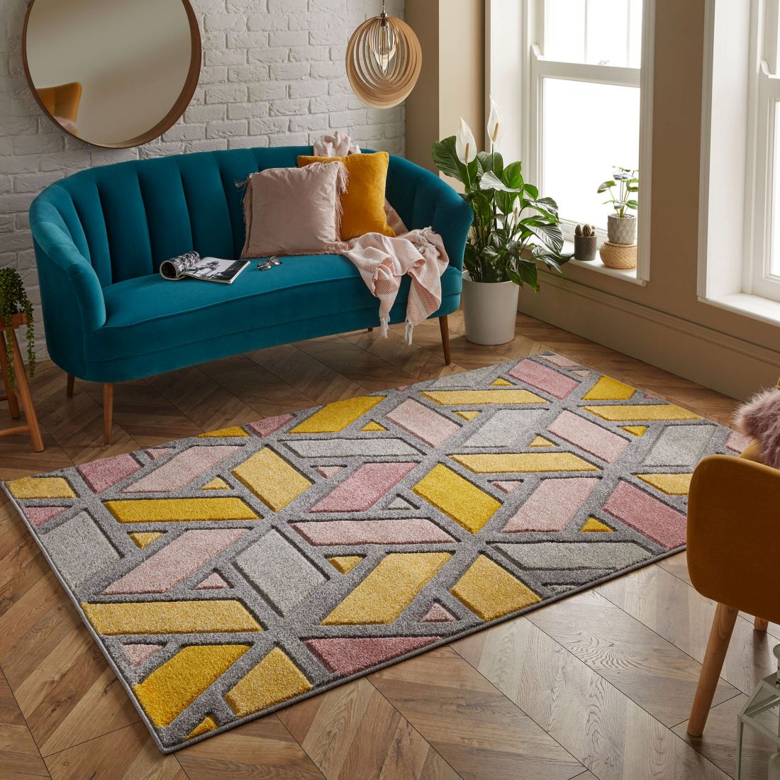 Portland Geometric Rug - 5153U Grey Pink Yellow