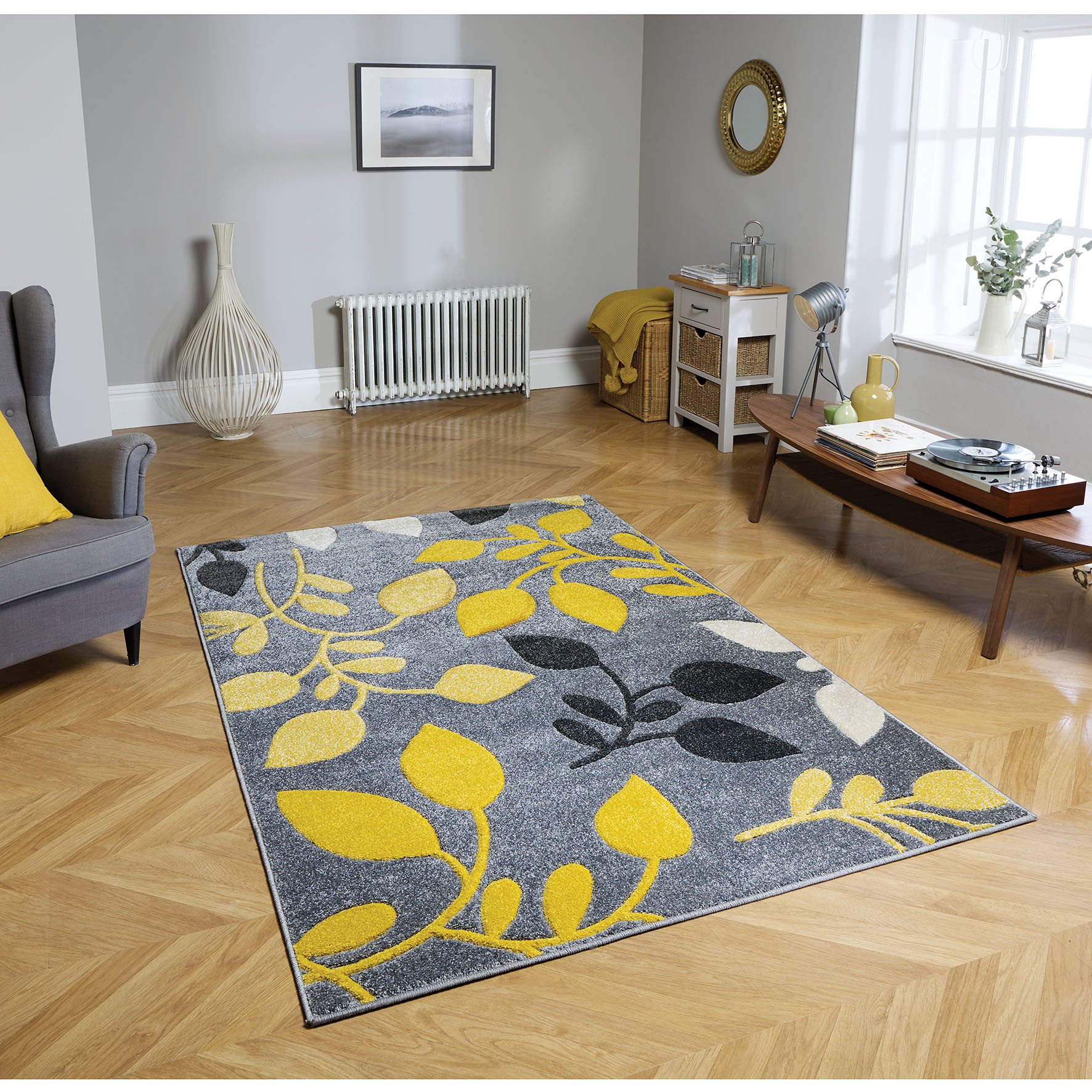 Portland Floral Rug - 1096 Grey Yellow Black Portland Floral Rug - 1096 Grey Yellow Black