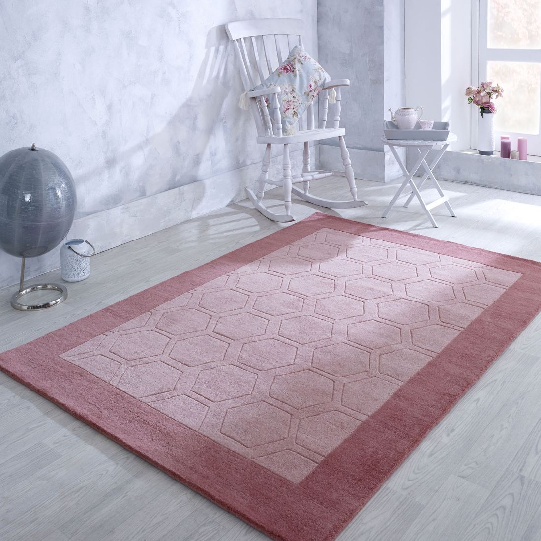 Hex Border Geometric Wool Rug - Pink Hex Border Geometric Wool Rug - Pink