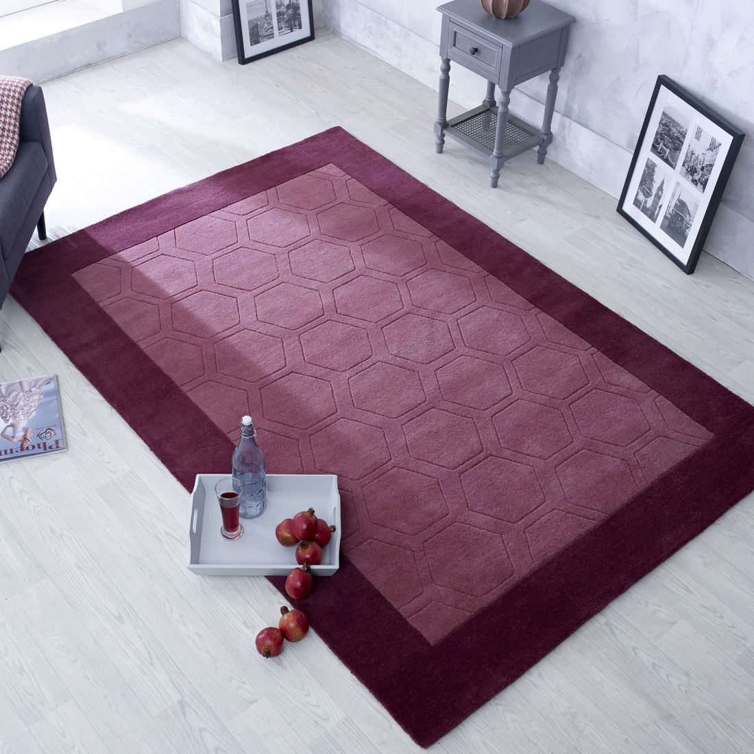 Hex Border Geometric Wool Rug - Purple Hex Border Geometric Wool Rug - Purple